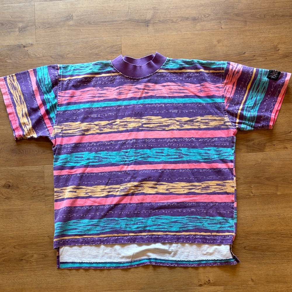 Vintage 90s Mossimo Surf Tee All Over Print Purple Striped Graphic Shirt Mens